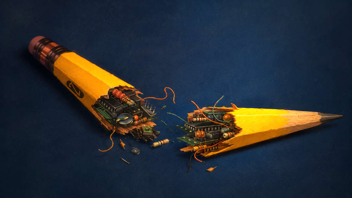 Immagine rigenerata dalla copertina del testo Hackers di Steven Levy del 1984. Una matita rotta, aperta e dentro componenti elettronici